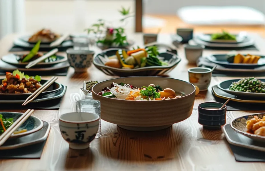 a beautifully arranged japanese dining table features an elegant bowl of brown rice vinegar, paired with vibrant dishes of karaage, colourful salads, and yuzu koshō, all presented with traditional chopsticks in a contemporary, minimalist setting.