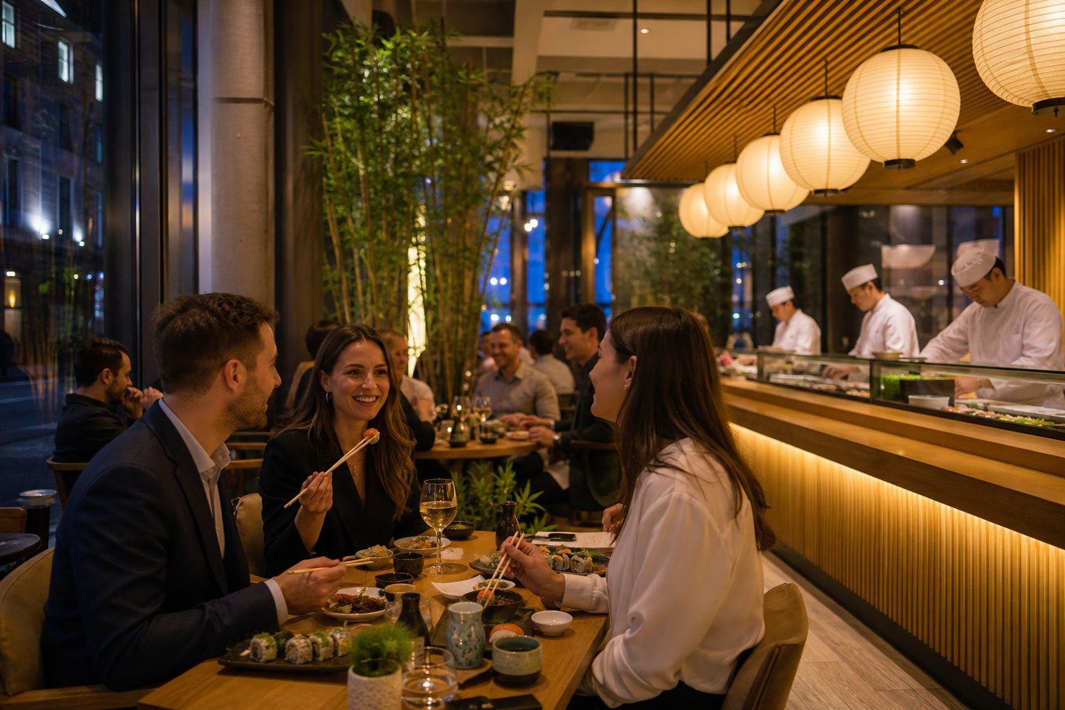 People dressed in smart casual clothes enjoying sushi at tables inside a modern sushi restaurant with Japanese decor.