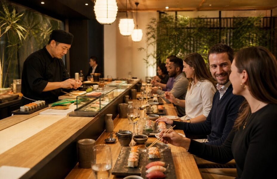 People dressed in smart casual clothes eating sushi at a modern restaurant with a sushi chef preparing food behind the counter.