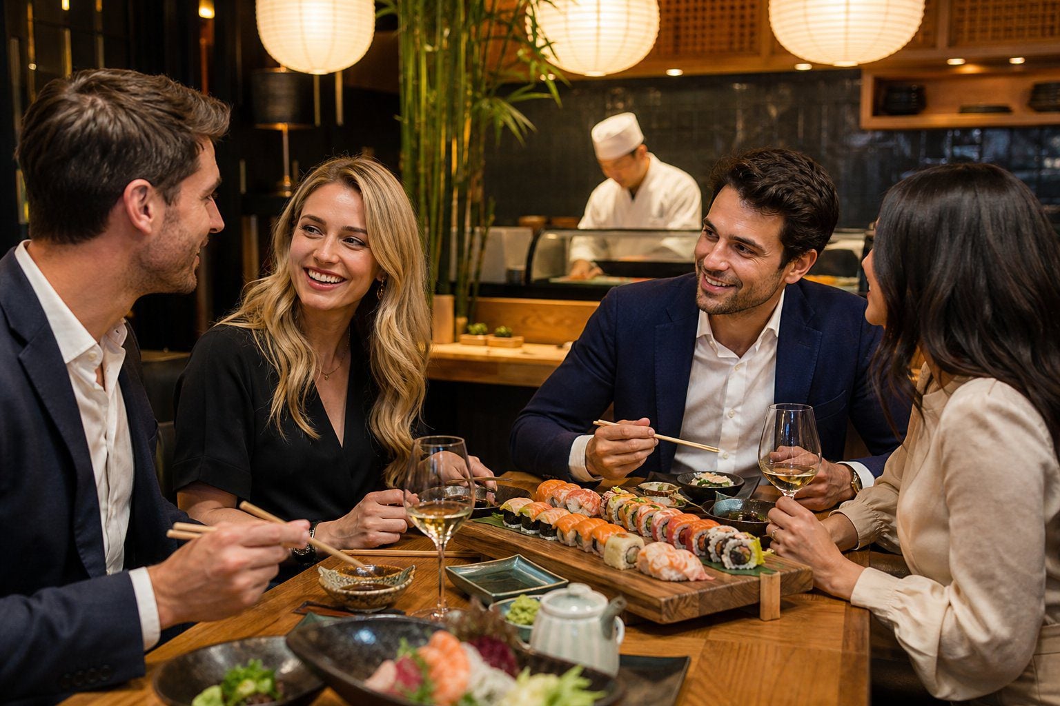 People dressed in smart casual clothes enjoying sushi at a modern restaurant in Dublin.