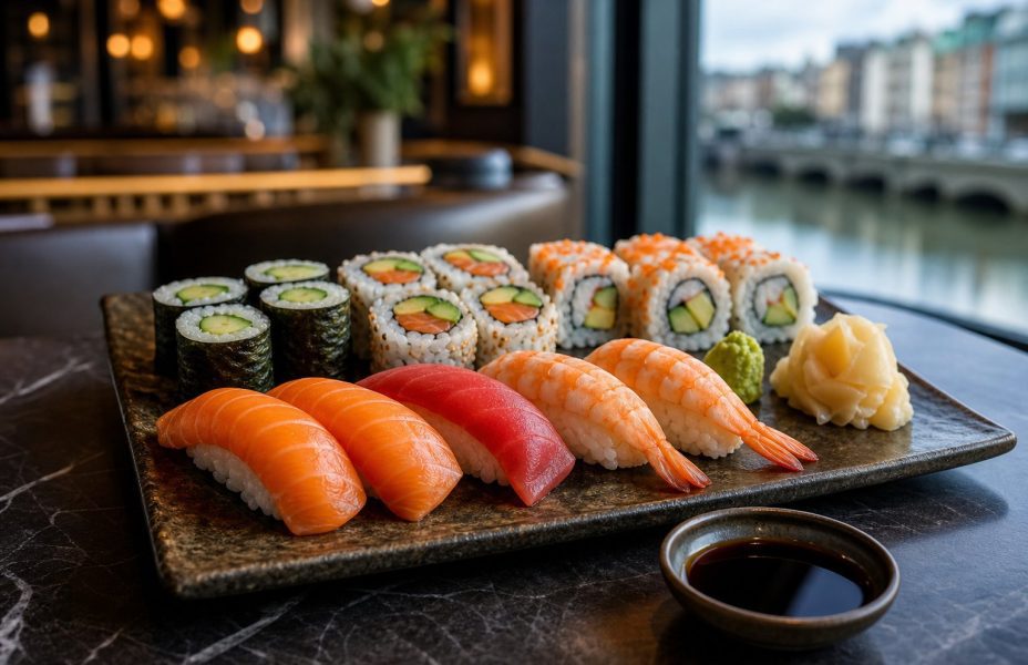 An assortment of sushi favourites arranged on a platter in a Dublin restaurant.