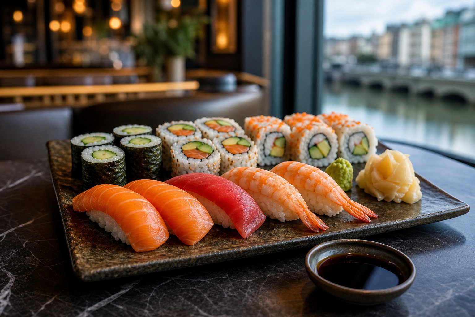 An assortment of sushi favourites arranged on a platter in a Dublin restaurant.