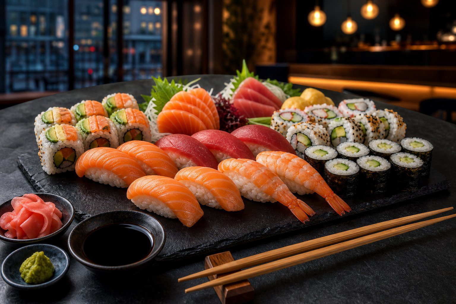 An assortment of sushi, including salmon and tuna nigiri, maki rolls and sashimi, arranged on a restaurant table with soy sauce, ginger and wasabi.