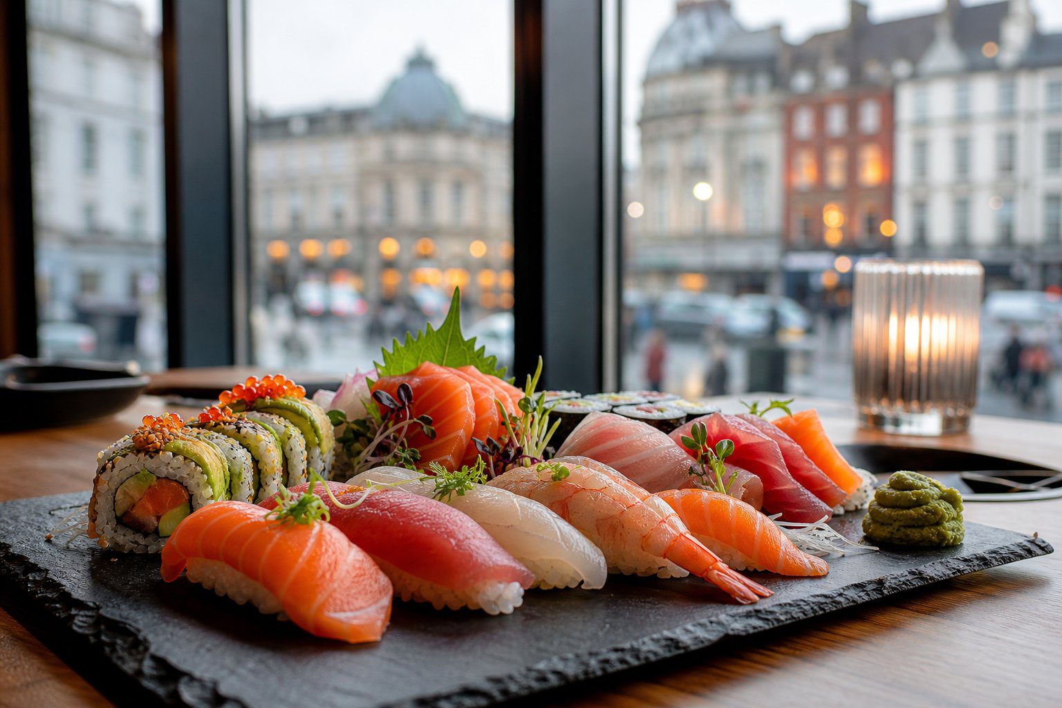 An assortment of sushi arranged on a platter in a contemporary Dublin restaurant.