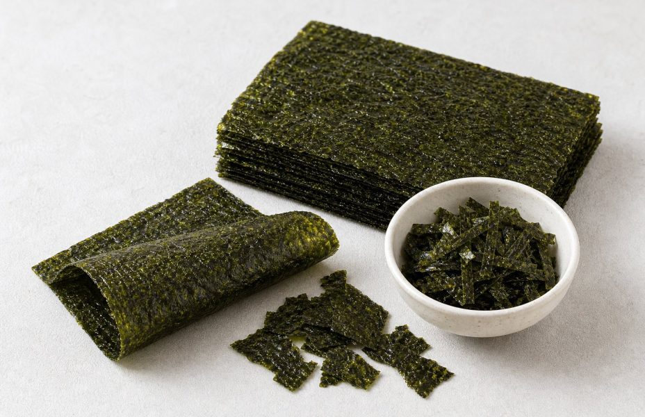 Sheets and strips of raw nori seaweed arranged on a light tabletop beside a small bowl.
