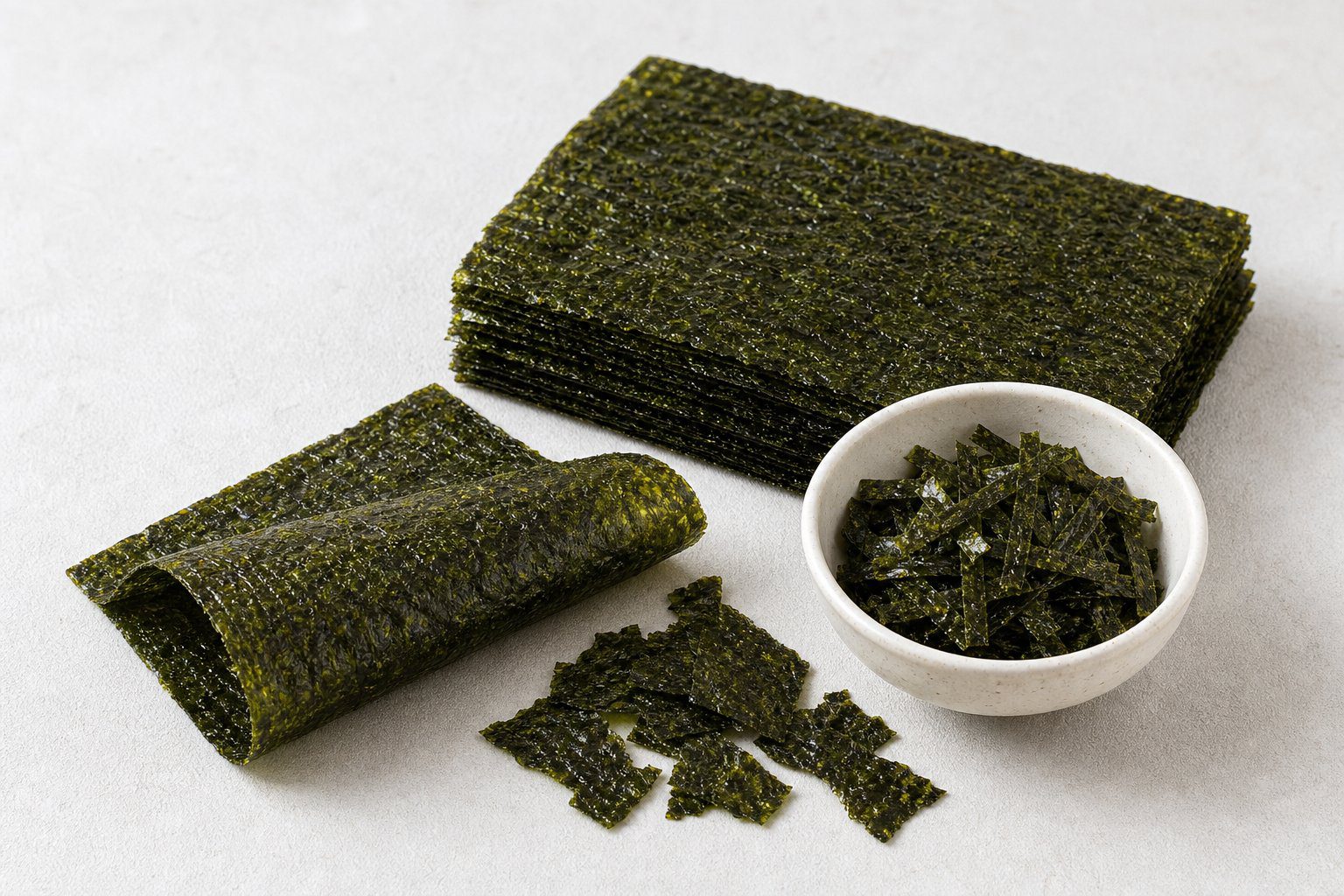 Sheets and strips of raw nori seaweed arranged on a light tabletop beside a small bowl.