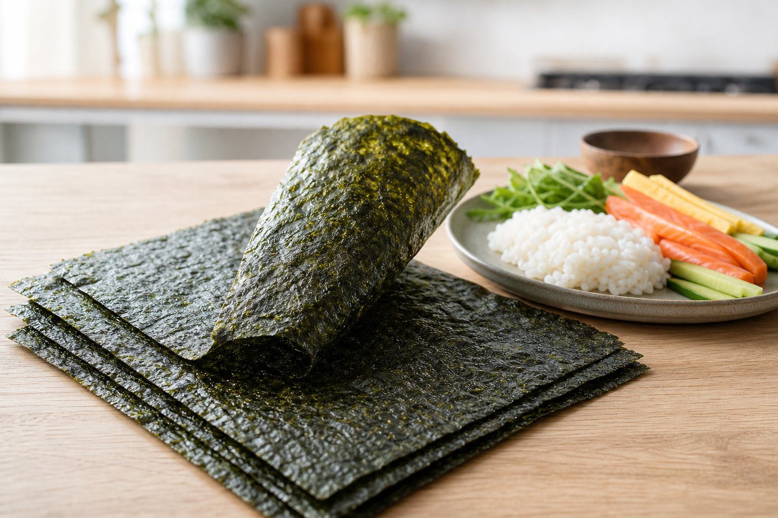 Sheets of nori seaweed arranged beside sushi rice and simple sushi ingredients on a wooden table.