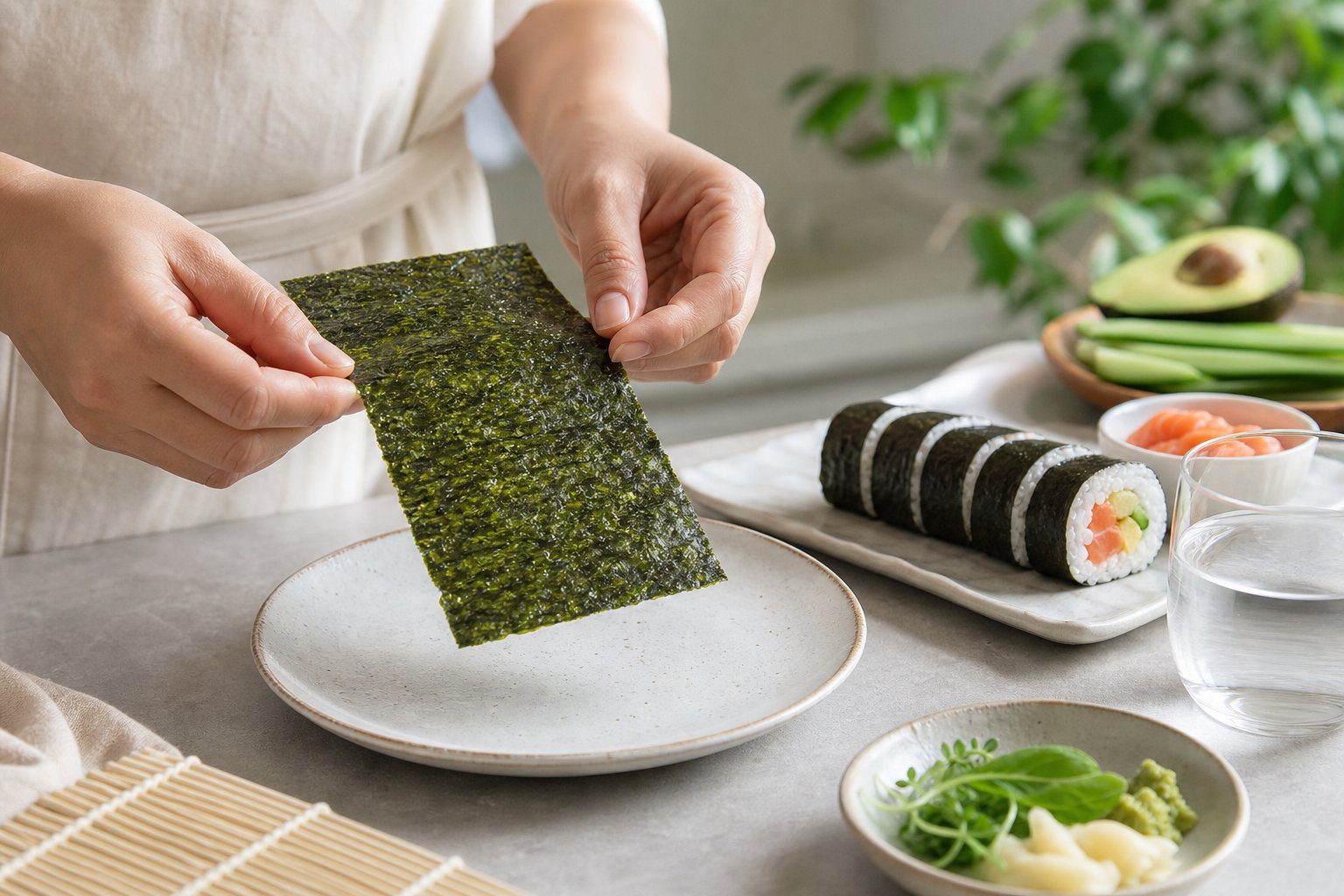 A sheet of nori beside a neatly prepared sushi roll on a clean kitchen surface.
