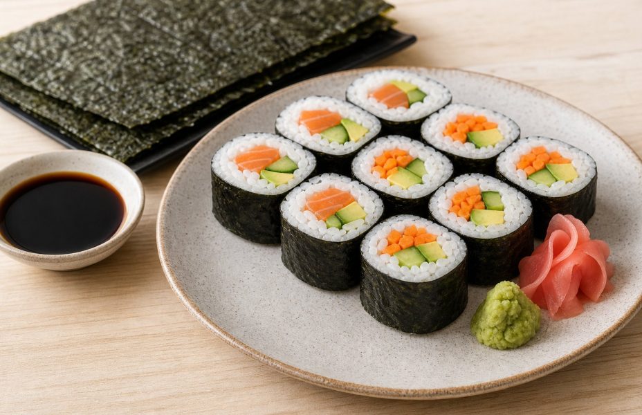 Sliced sushi rolls wrapped in dark nori seaweed with colourful fillings, served with soy sauce, wasabi and pickled ginger.