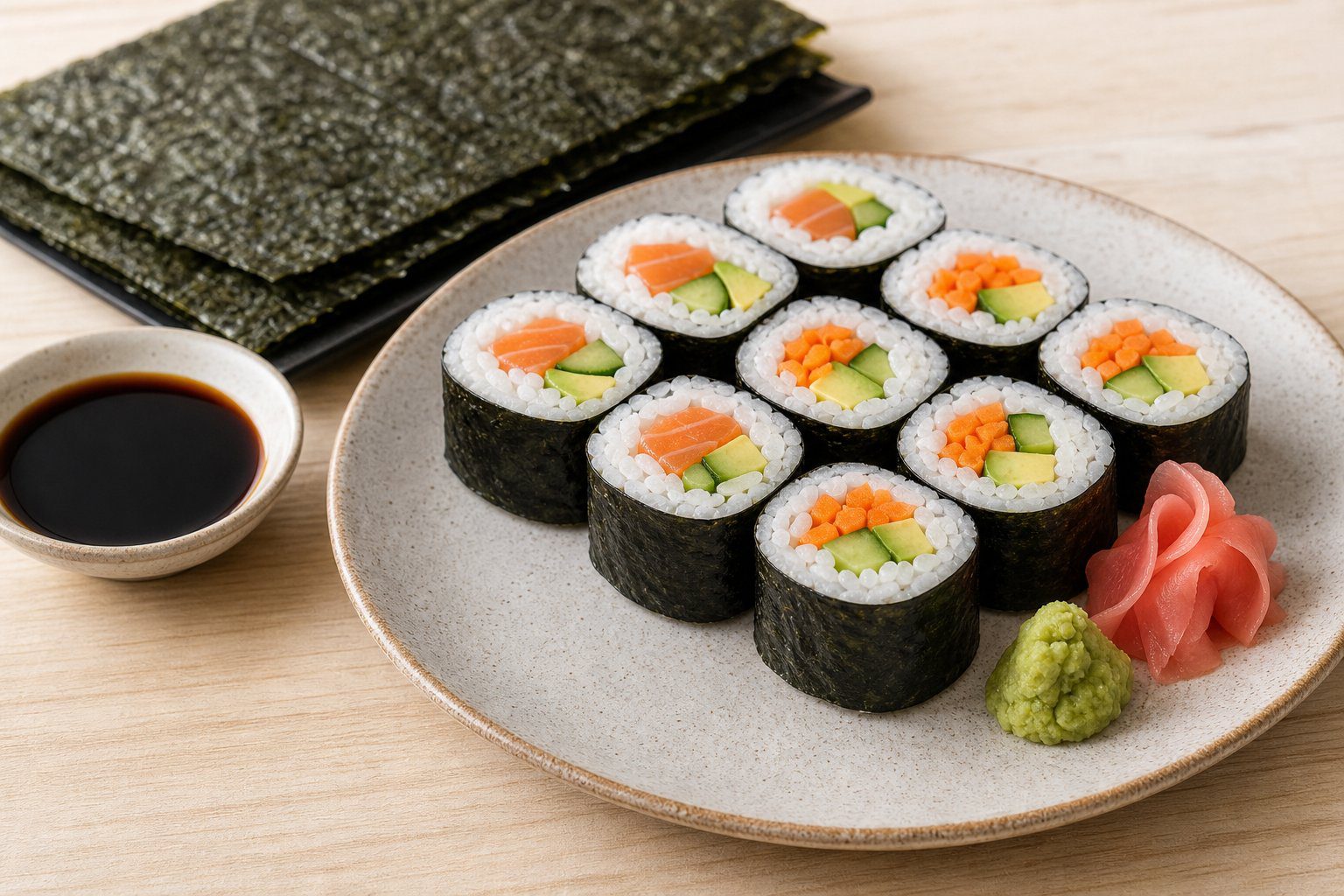 Sliced sushi rolls wrapped in dark nori seaweed with colourful fillings, served with soy sauce, wasabi and pickled ginger.