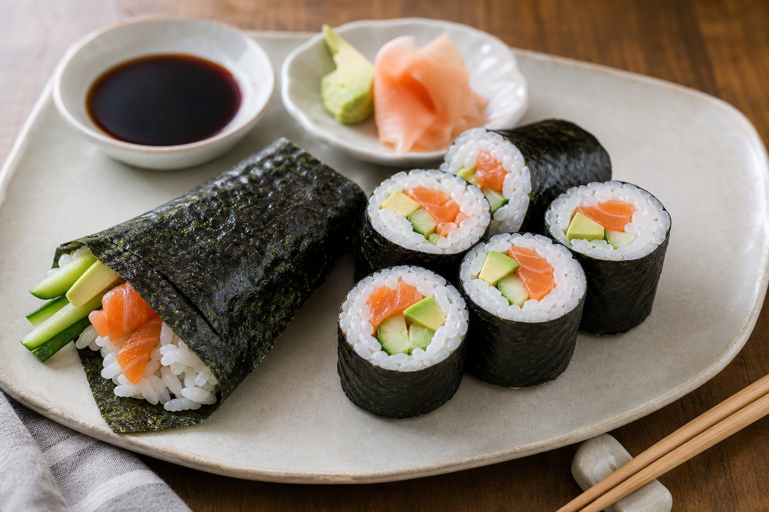 Sushi rolls wrapped in dark green nori seaweed with visible rice and colourful fillings.