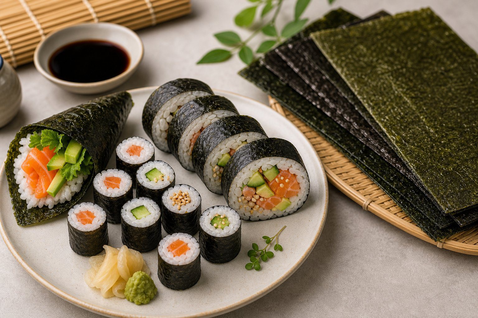 Assorted nori-wrapped sushi and toasted seaweed sheets arranged on a plate beside a bamboo mat and soy sauce.