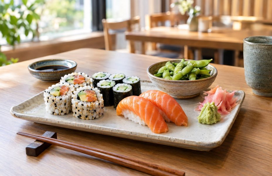 An assortment of sushi rolls and salmon nigiri served with edamame, soy sauce, ginger and wasabi.