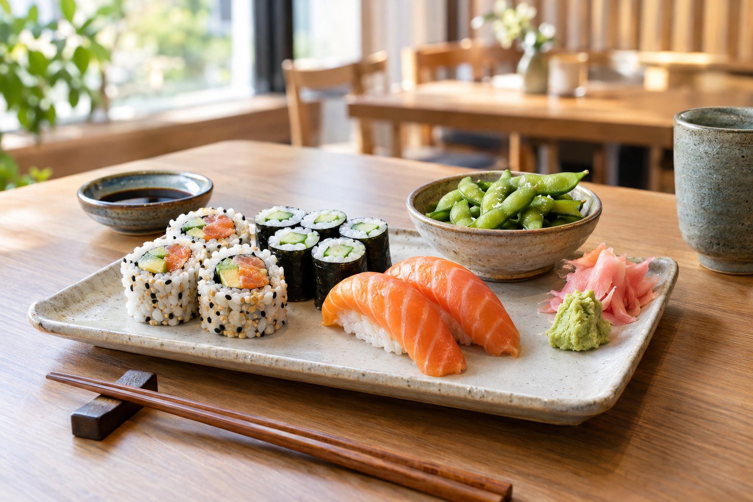 An assortment of sushi rolls and salmon nigiri served with edamame, soy sauce, ginger and wasabi.
