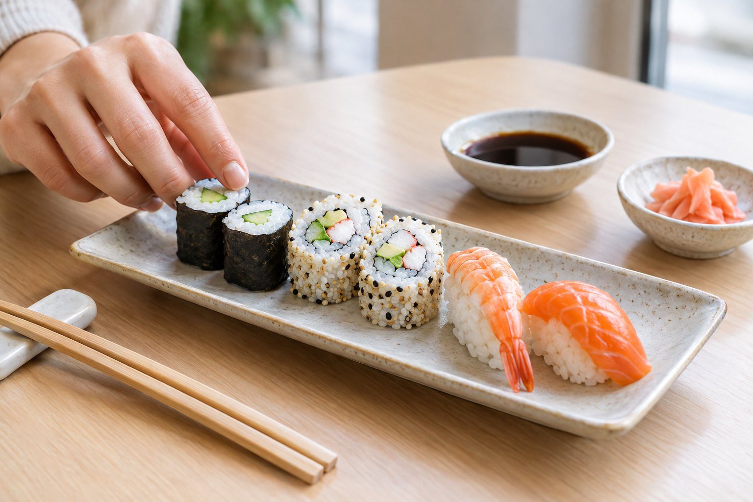 A platter of sushi rolls and nigiri with soy sauce, ginger and chopsticks on a restaurant table.