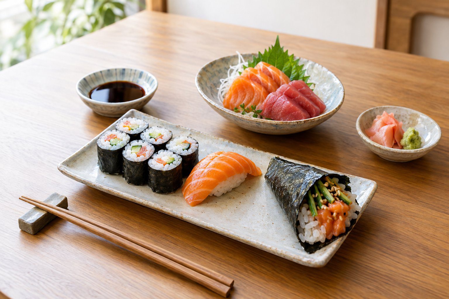 A selection of maki, nigiri, sashimi and a hand roll on a restaurant table.